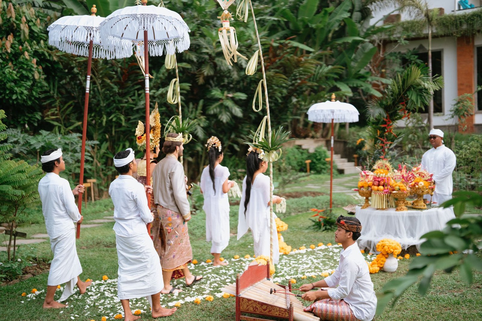 Traditional Balinese wedding blessing procession
